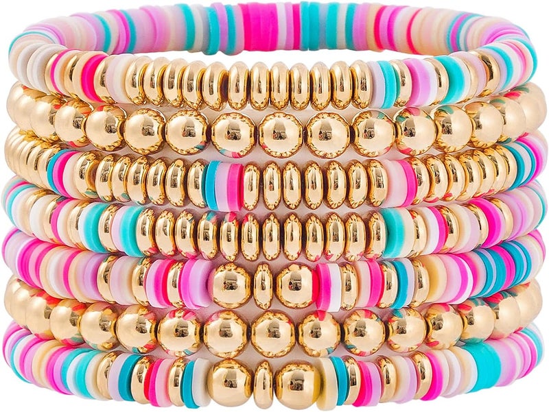 GOOJIDS Surfer Heishi Clay Bead Bracelets for Women Bohemian Stackable Gold Plated Beaded Stretch Bracelets Elastic Layering Friendship Bracelets Set Boho Jewelry - Image 1
